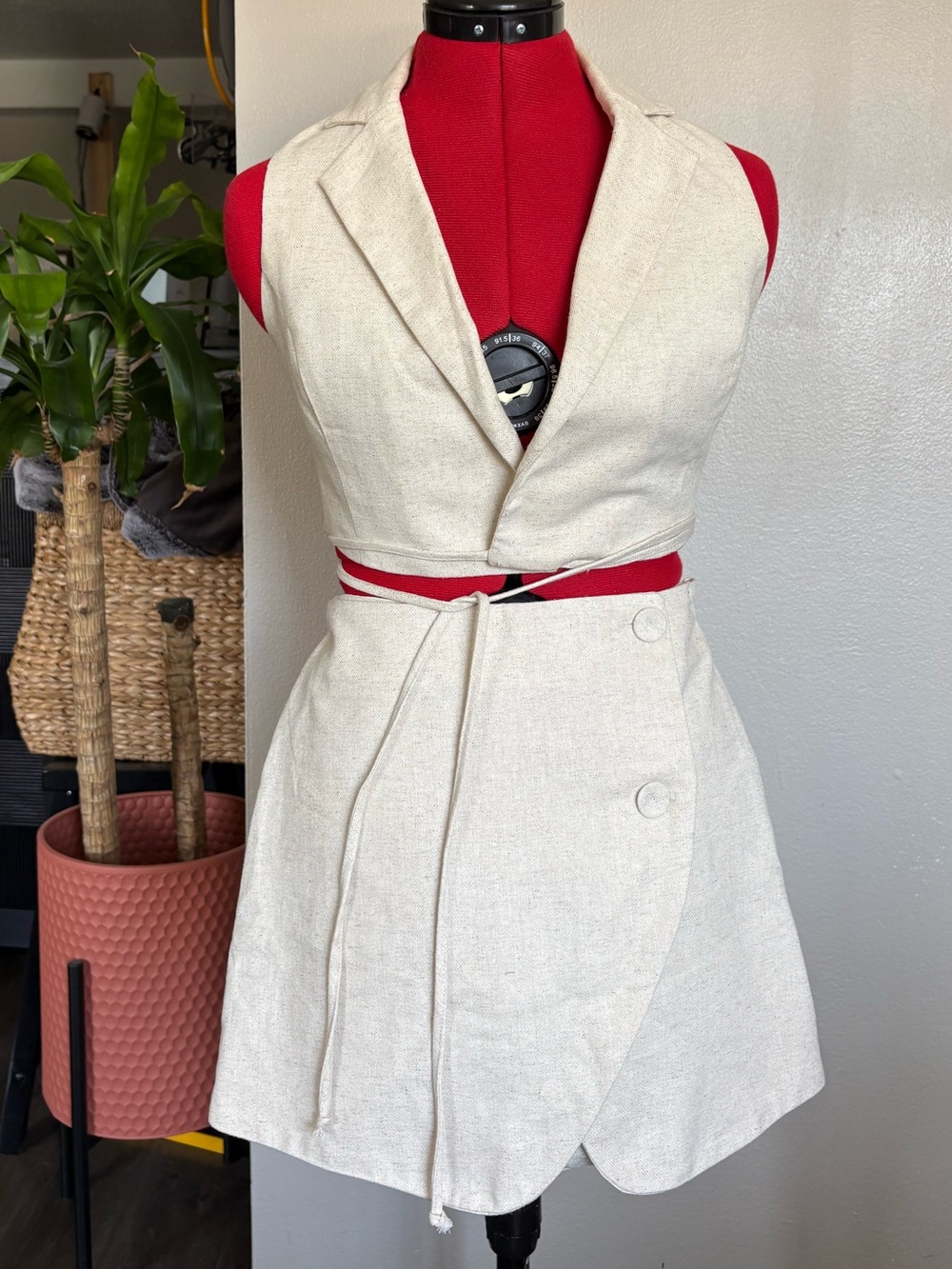 Bobbles & Lace Two-Piece Linen Vest & Wrap Mini Skirt